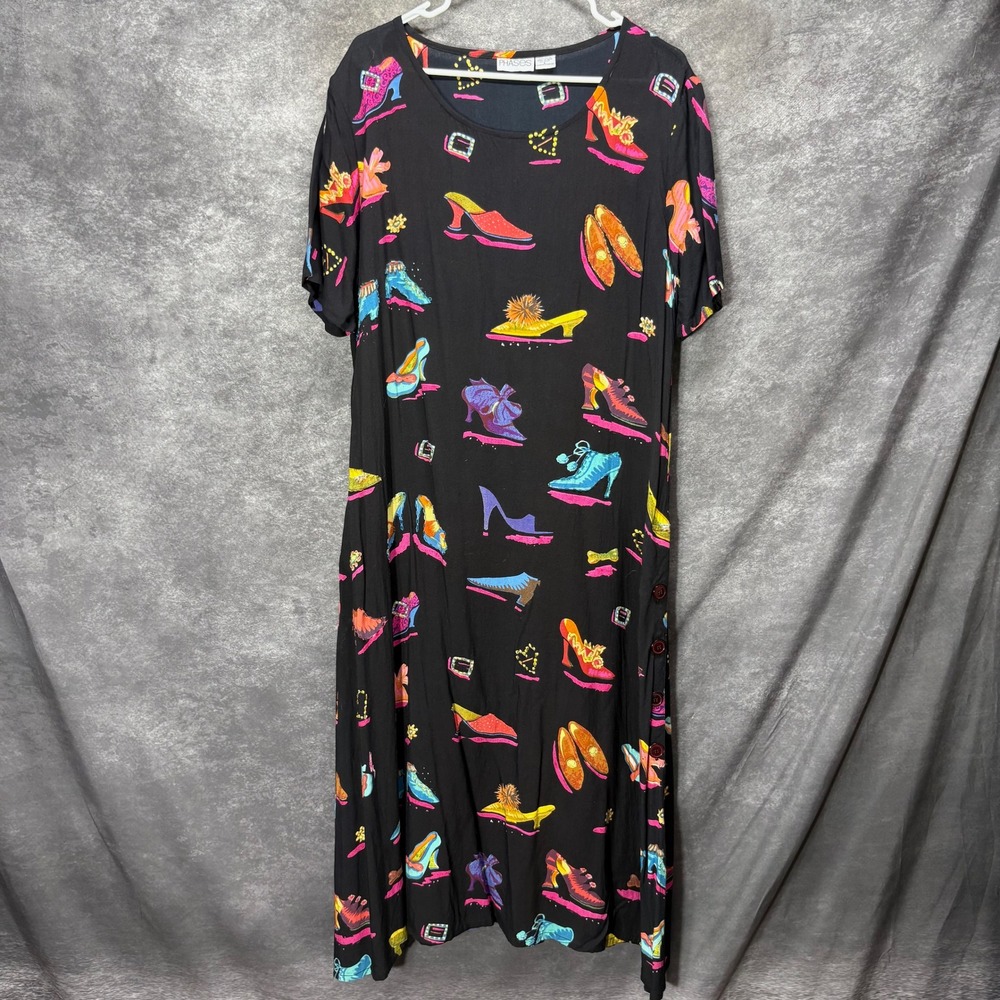Vintage Phases Black Novelty Shoe Print Maxi Dress MuuMuu Sz L Colorful Kitschy
